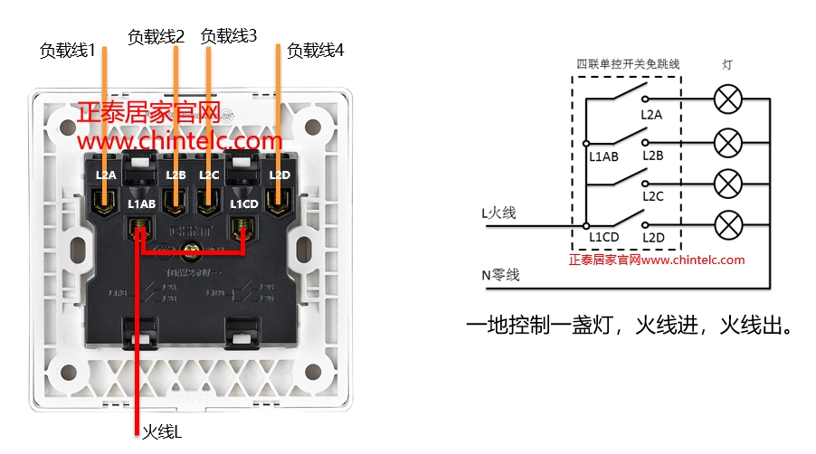 單控開關(guān)接線圖-四聯(lián)單控開關(guān)（免跳線）